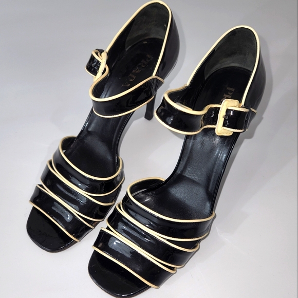 Prada Patent Leather Black Cream Heels Sandals Size EU 38 - Picture 2 of 16
